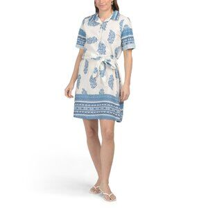 LUISA PERLA  Italy Linen Blend Short Sleeve Floral Mini Shirt Dress